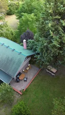 an overhead view of a house with a patio at Zonamita house in Velika Remeta