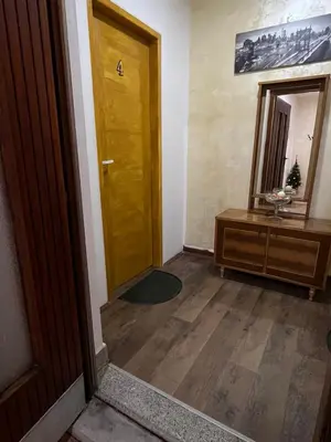 a hallway with a wooden door and a mirror at Royal castle Fruska gora in Prnjavor