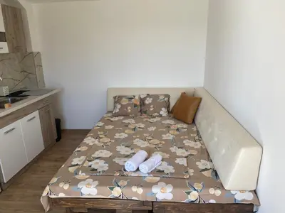 a couch with a bed in a room at Vino & Vista in Ripanj