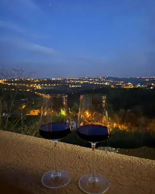two glasses of wine sitting on a ledge at night at Vino & Vista in Ripanj