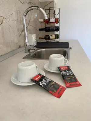 a kitchen counter with two cups and a sink at Vino & Vista in Ripanj