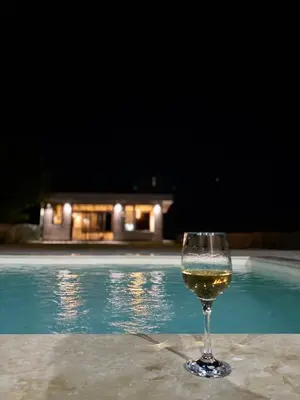 a glass of wine sitting on a table next to a swimming pool at Vino & Vista in Ripanj