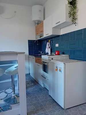 a kitchen with blue tiles and a white refrigerator at ALEJA park in Železnicka Stanica Inđija Selo
