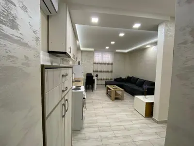 a kitchen and a living room with a couch at Daca 1 in Belgrade