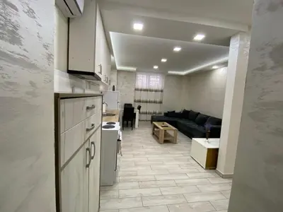 a kitchen and a living room with a couch at Daca 1 in Belgrade