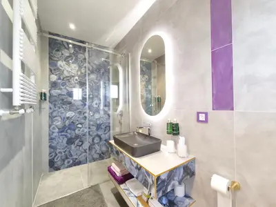 a bathroom with a sink and a shower at Muzej Accommodation in Repnica