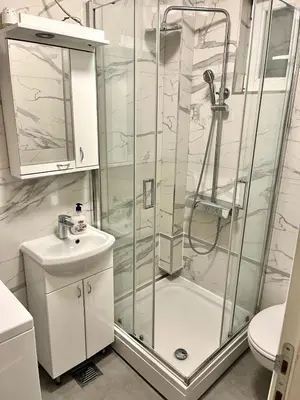 a bathroom with a shower and a toilet and a sink at City Centre Apartment 3 in Belgrade