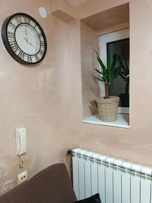 a clock on a wall next to a window with a plant at Rustic central in Belgrade
