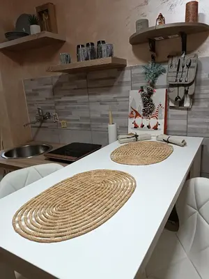 a kitchen with a counter with two mats on it at Rustic central in Belgrade