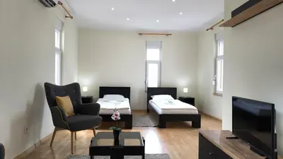 a living room with two beds and a tv at 12 Beds 4 Baths 2 Renovated Apts 2nd & 3rd Flr in Belgrade