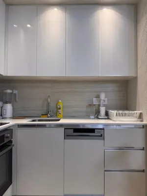 a kitchen with white cabinets and a sink at Beograd na vodi - Belgrade Waterfront Apartments in Belgrade