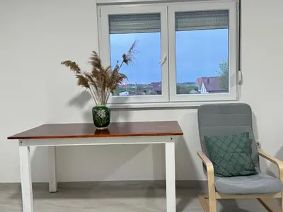 a table with a vase on it next to a window at airport Belgrade 2bedrooms in Surčin