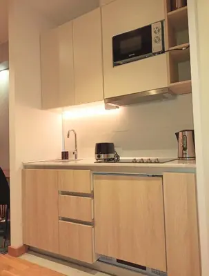 a kitchen with a sink and a microwave at Beograd na vodi - Belgrade Waterfront Iris Apartment in Belgrade
