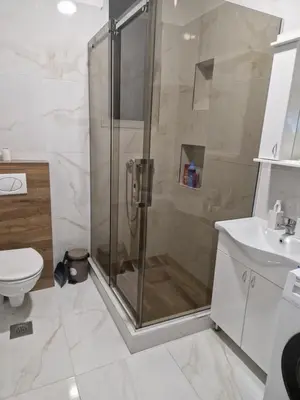 a bathroom with a shower and a toilet and a sink at Relax In in Belgrade