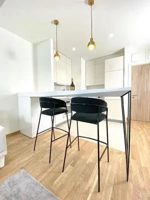 a kitchen with a table and two black chairs at Belgrade Waterfront Lux Vista -free parking in Belgrade