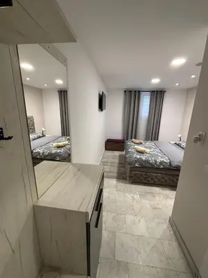 a bedroom with two beds and a large mirror at Apartman Miloš in Belgrade