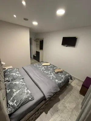 a bedroom with a bed and a flat screen tv at Apartman Miloš in Belgrade