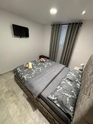 a bedroom with a large bed with a tv on the wall at Apartman Miloš in Belgrade
