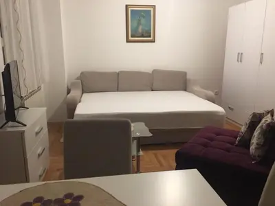 a living room with a bed and a couch at Apartman Zira in Belgrade