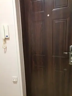 a wooden door in a room with a phone at Apartman petrov 1 in Pančevo