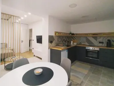 a kitchen and living room with a table and chairs at Grujo Apartment in Belgrade