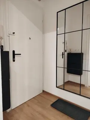 a room with a large mirror on the wall at Grujo Apartment in Belgrade