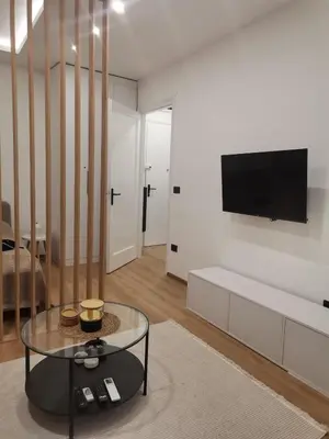 a living room with a table and a tv on a wall at Grujo Apartment in Belgrade