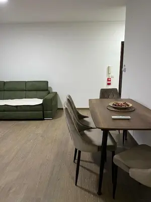 a living room with a table and a green couch at Mimura stan in Belgrade