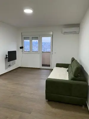 a living room with a green couch and a television at Mimura stan in Belgrade