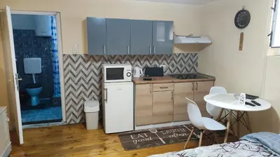 a small kitchen with a white refrigerator and a table at Goxy flat in Belgrade