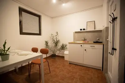 a kitchen with a table and chairs in a room at Tiny apartment in Belgrade