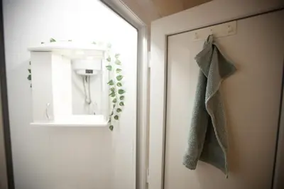 a door with a towel hanging next to a mirror at Tiny apartment in Belgrade