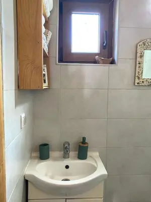 a small bathroom with a sink and a window at Bird of Paradise in Belgrade