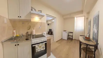 a kitchen with a sink and a stove top oven at Center Point apartment in Belgrade