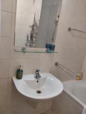 a bathroom with a sink and a mirror and a tub at Premium Belvil apartment, free parking in Belgrade