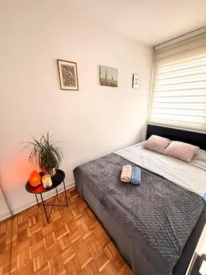 a bedroom with a bed and a table with a plant at Ada Zen in Belgrade