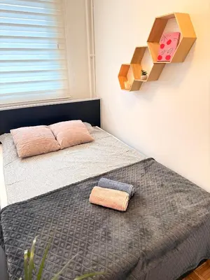 a bedroom with a bed and a shelf on the wall at Ada Zen in Belgrade