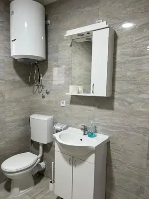 a bathroom with a toilet and a sink and a mirror at Airport Art Villa in Ćosine Kolibe