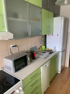 a kitchen with green cabinets and a microwave at Comfort & Style Panoramic Urban Retreat 2 in Belgrade