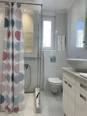 a bathroom with a toilet and a shower curtain at Hilton View Cozy Njegoseva Vracar Apartment - Sleeps 4 in Belgrade