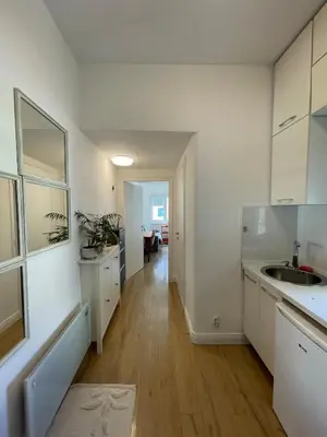 a kitchen with white cabinets and a wooden floor at Hilton View Cozy Njegoseva Vracar Apartment - Sleeps 4 in Belgrade