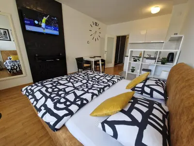 two beds in a room with a couch and a tv at Apartman Fox in Belgrade