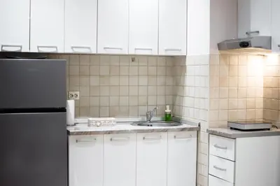 a kitchen with a sink and a refrigerator at Sorelle in Belgrade