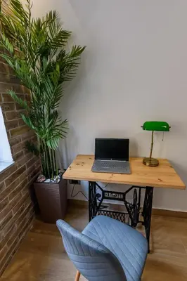 a desk with a laptop computer sitting on top of it at Skadarlija Aurora in Belgrade