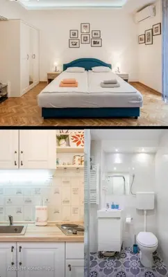two pictures of a bedroom with a bed and a sink at Balkan-inn Apartment Terazije 2 in Belgrade