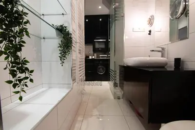 a bathroom with a shower and a sink at Astra Apartment in Belgrade