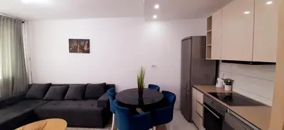a living room with a couch and a table in a kitchen at Apartman Vojvoda in Belgrade
