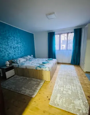 a bedroom with a bed and a blue wall at Vračarska kućica in Belgrade