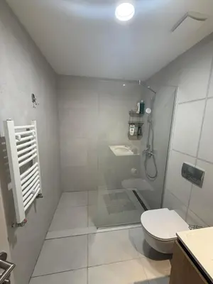a white bathroom with a shower and a toilet at Q4 Comfort Apartment in Belgrade