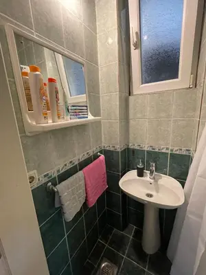 a small bathroom with a sink and a mirror at Sunlight House in Belgrade